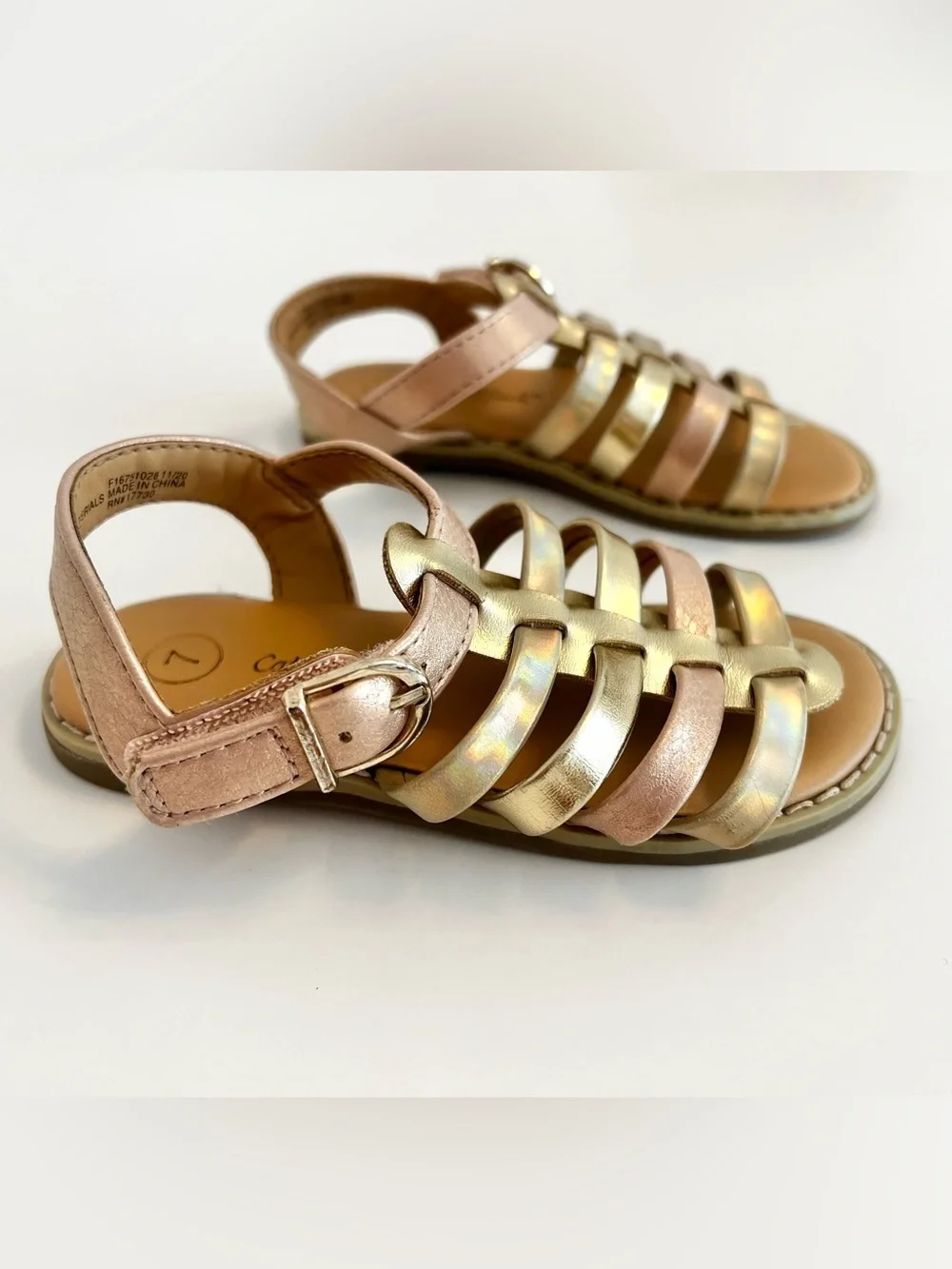 Cat & Jack Girls Metallic Rose/Gold Multi-Strap Velcro Sandals | Size 7